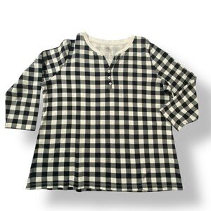 Kim Rogers Perfectly Soft Black White Gingham Henley Top 100% Cotton Size L